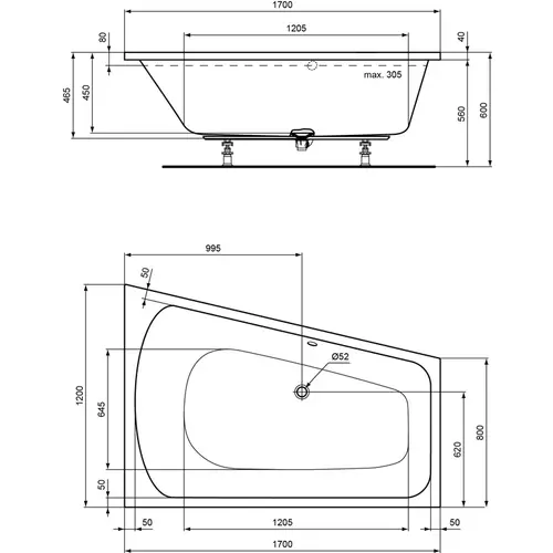 Badundu Badewanne trapez 1700 × 1200 mm, Mittelablauf Badundu Badewanne trapez 1700 × 1200 mm, Mittelablauf