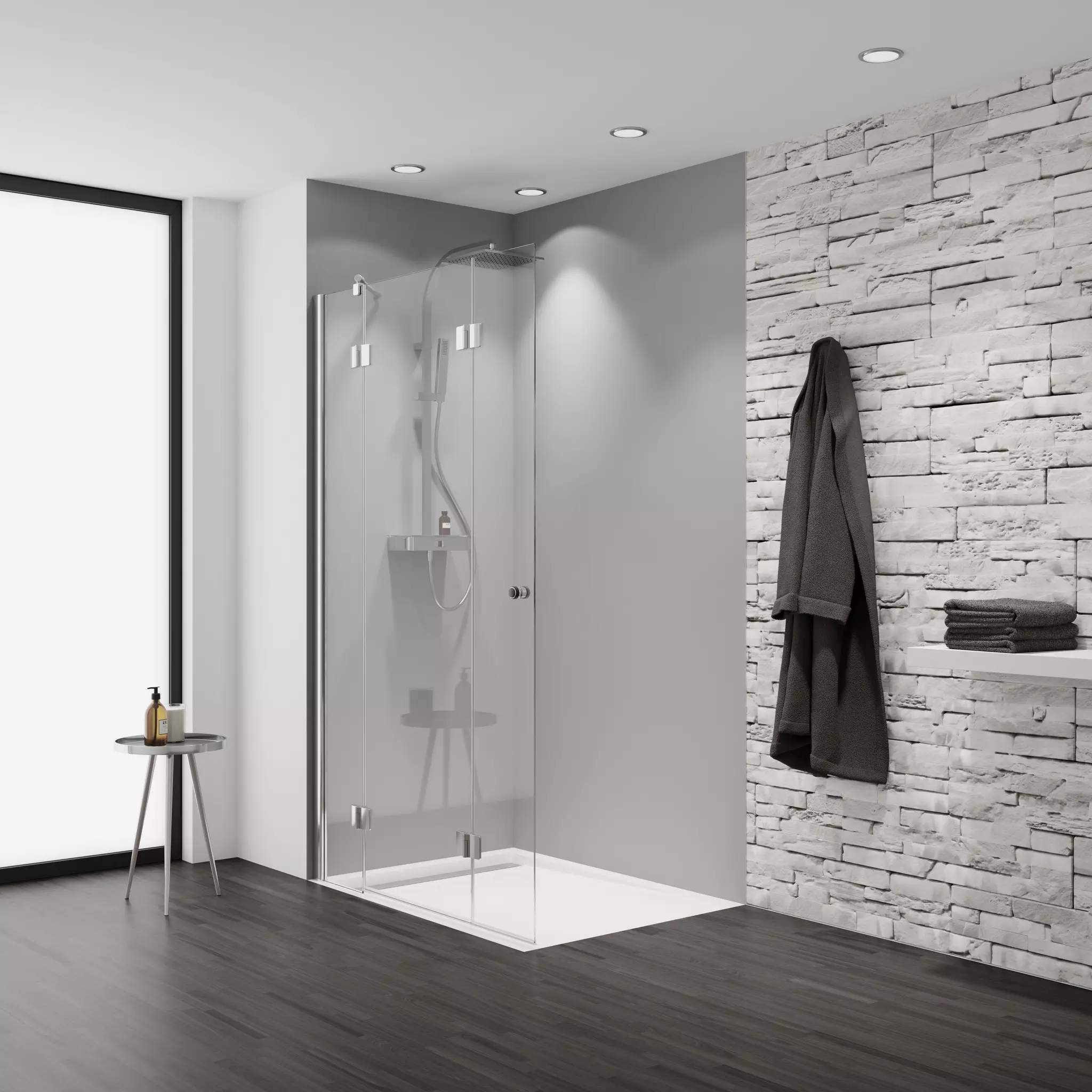 HSK teilgerahmt Walk-In-Duschkabine 3-teilig „Aperto“ Drehfalttür pendelbar, 3-teilig Glas Carré, Profile Schwarz-matt, B: 1200 mm H: 2000 mm