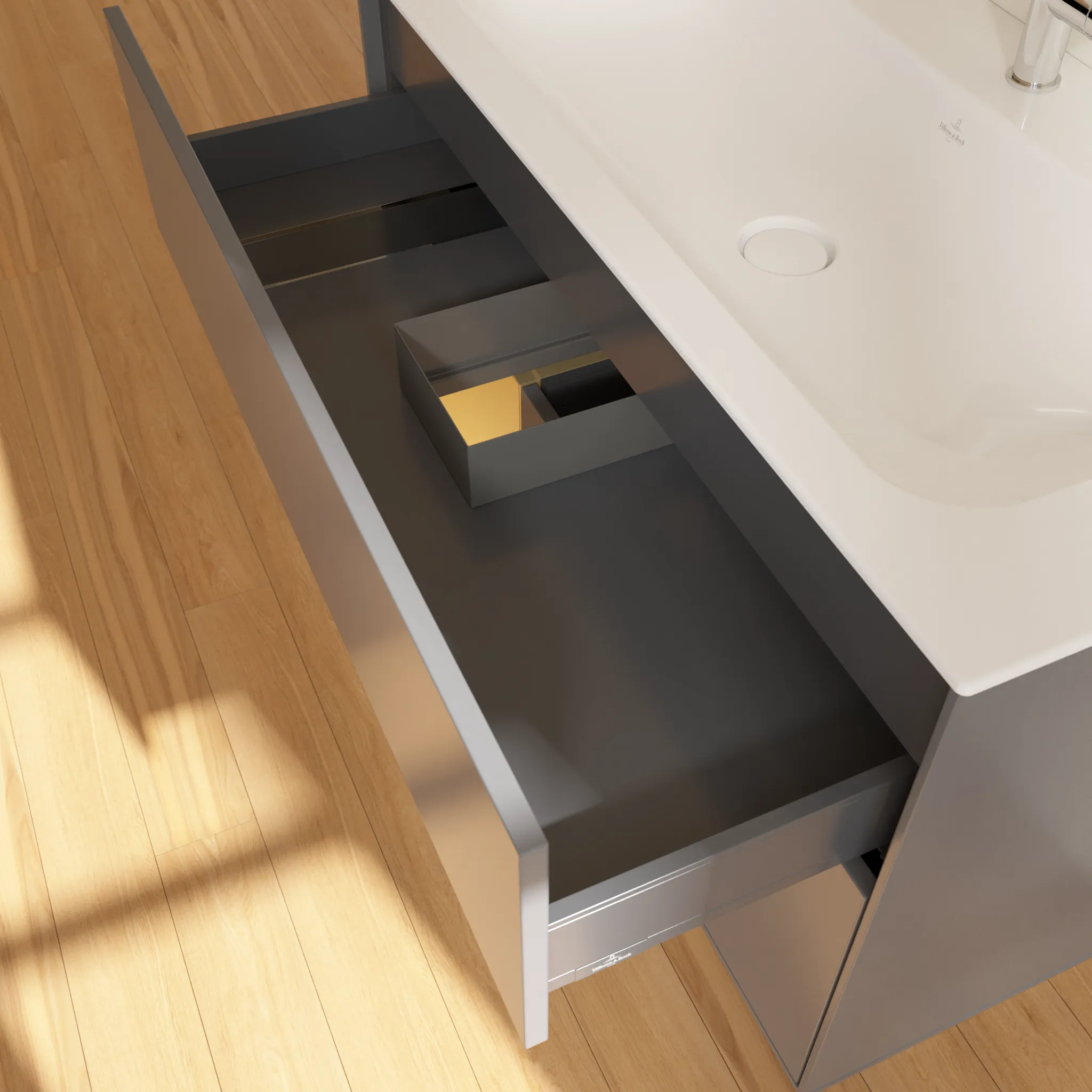 Villeroy & Boch Waschbeckenunterschrank Finion F03, Anthracite Matt Lacquer mit Gold Regal, 996x591x498 mm, mit Beleuchtung und Push-to-open Funktion