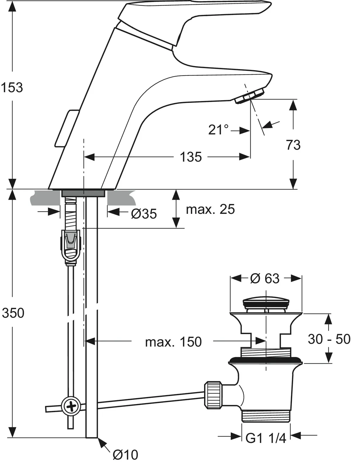 Waschtischarmatur Ceramix Blue, mit Ablaufgarnitur, mit Kupferrohren, Ausladung 135mm, Chrom Waschtischarmatur Ceramix Blue, mit Ablaufgarnitur, mit Kupferrohren, Ausladung 135mm, Chrom