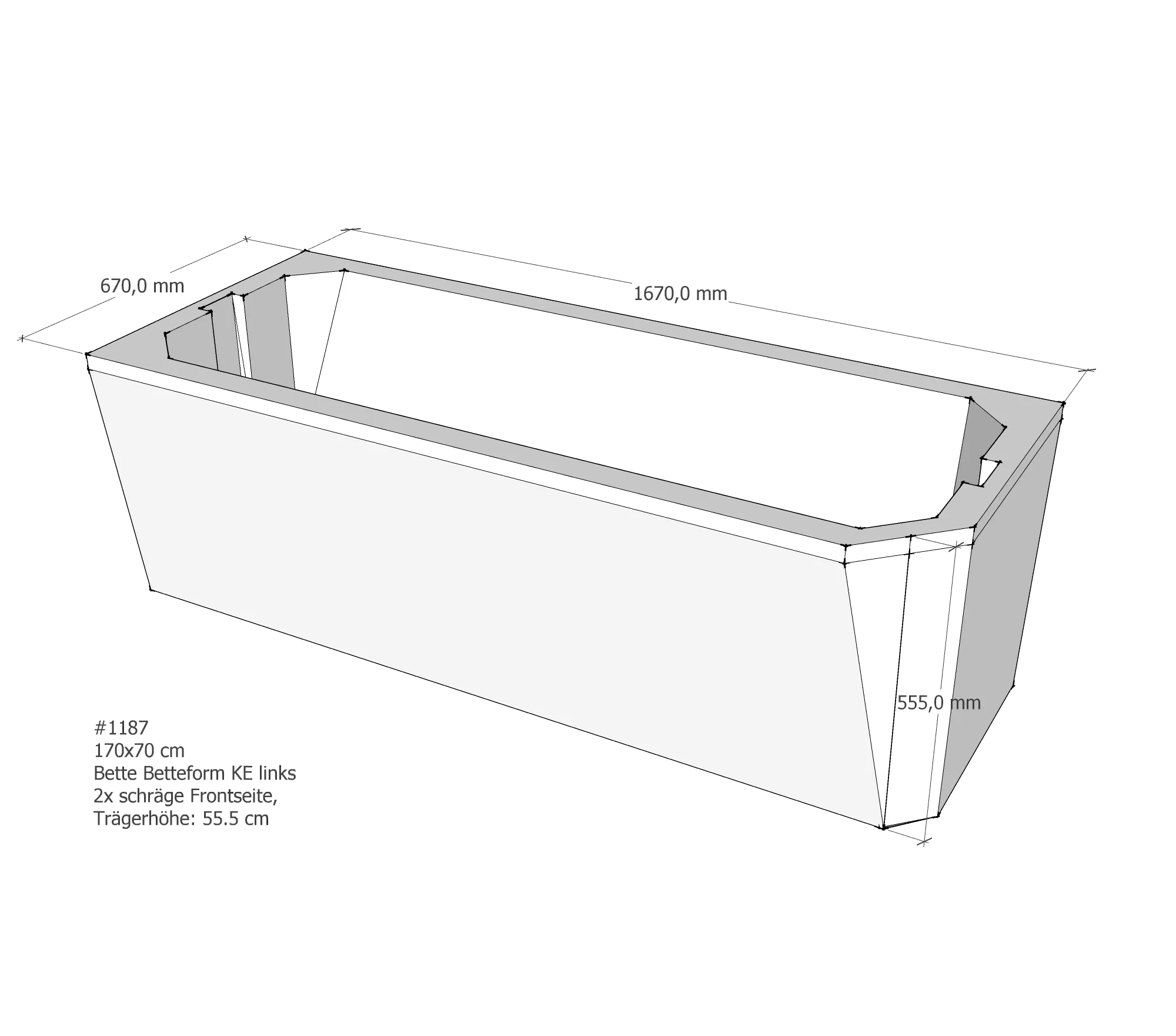 Badewannenträger für Bette Profi-Form KE links schräge Frontseite 170 × 70 × 42 cm Badewannenträger für Bette Profi-Form KE links schräge Frontseite 170 × 70 × 42 cm