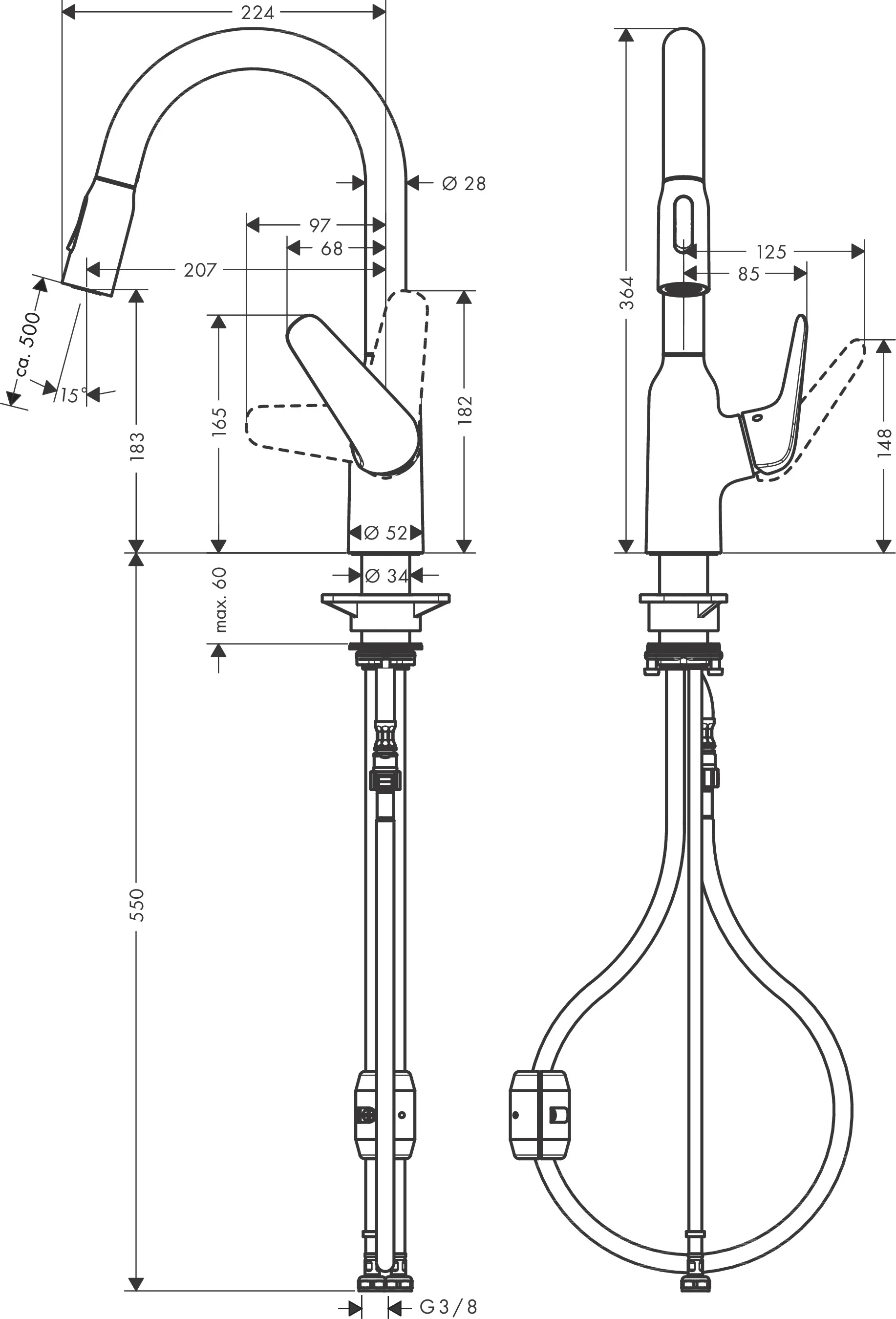 Hansgrohe Spültischmischer Focus M42 Chrom mit Ausziehbrause 2jet, ComfortZone 180°, Schwenkbereich 360°, Laminarstrahl und Brausestrahl, arretierbar, MagFit magnetische Brausehalterung, Quick-Connect Schlauch, max. Durchflussmenge 8 l/min bei 3 bar, Ker