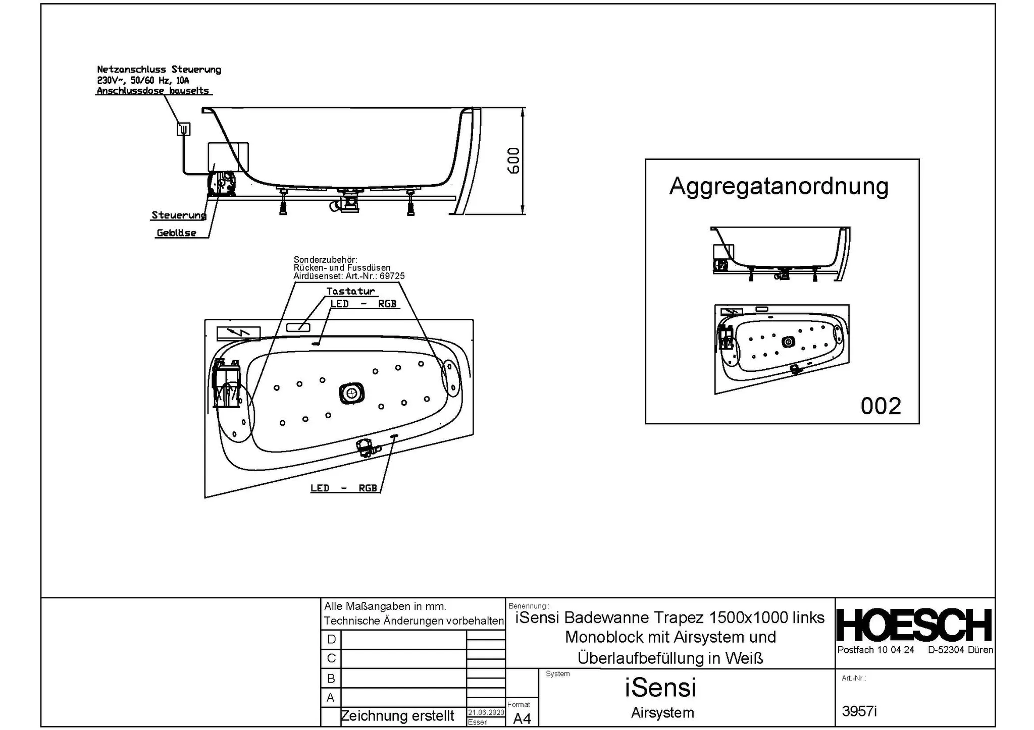 Hoesch Whirlwanne „iSensi“ Monolith mit Airsystem „iSensi“ trapez 150 × 100 cm, links in Weiß (glänzend) / Schwarz (matt)