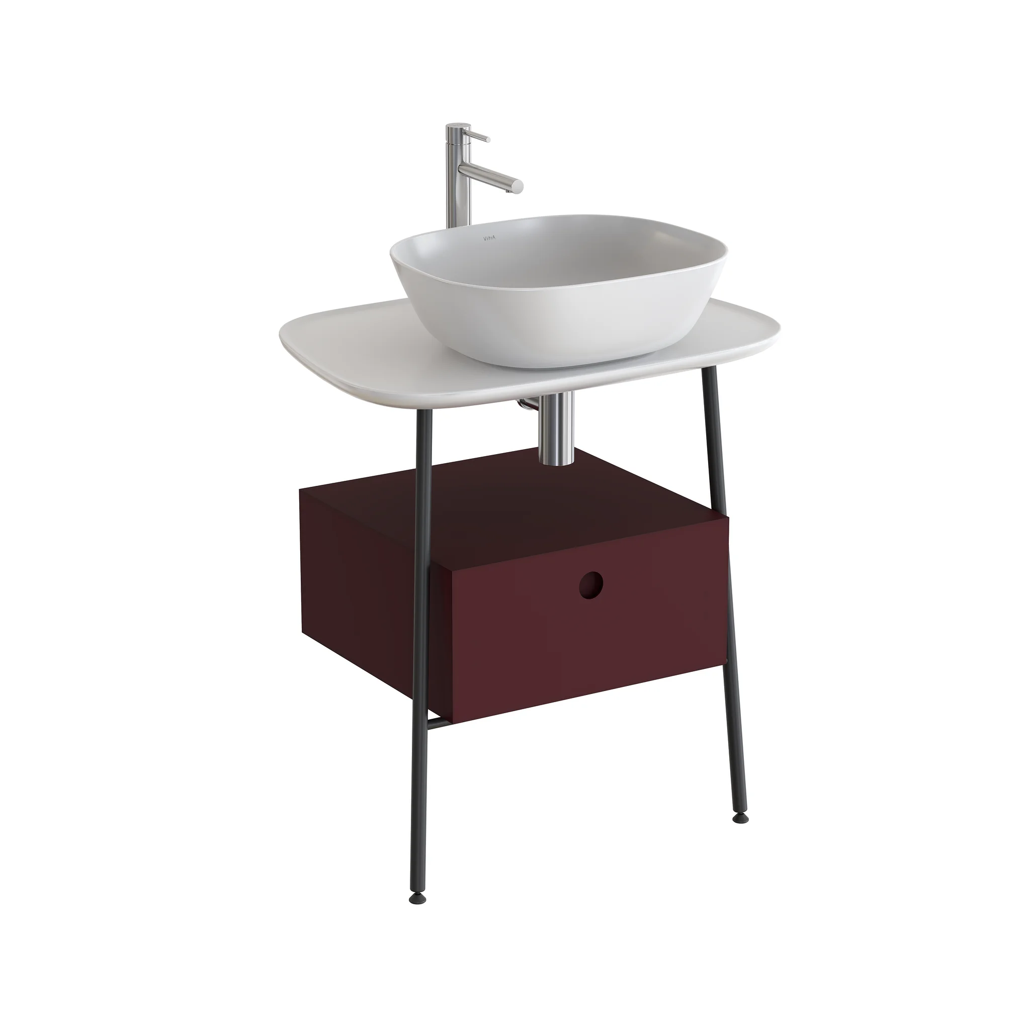 VitrA Plural Waschtischunterbau mit Konsolenplatte Burgunderrot Matt/Weiß Hochglanz, 68,5 x 49 x 74 cm (BxTxH), Metallrack Schwarz Matt, MDF-Unterschrank mit Softclose-Auszug VitrA Plural Waschtischunterbau mit Konsolenplatte Burgunderrot Matt/Weiß Hochglanz, 68,5 x 49 x 74 cm (BxTxH), Metallrack Schwarz Matt, MDF-Unterschrank mit Softclose-Auszug