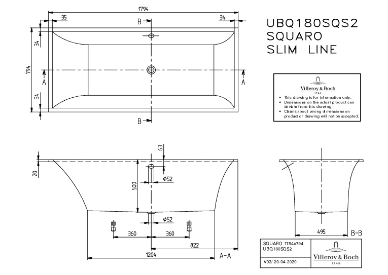 Villeroy & Boch Badewanne „Squaro Slim Line“ rechteck 179,4 × 79,4 cm, rechteckig, Mittelablauf 