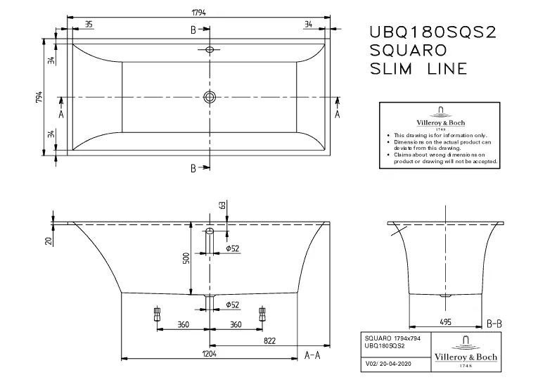 Villeroy & Boch Whirlwanne „Squaro Slim Line“ mit Whirlsystem „Hydropool Entry“ rechteck 179,4 × 79,4 cm