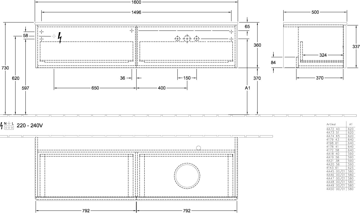 Villeroy & Boch Antao Waschbeckenunterschrank L38_1, 1600x360x500mm, Black Matt Lacquer / Botticino Villeroy & Boch Antao Waschbeckenunterschrank L38_1, 1600x360x500mm, Black Matt Lacquer / Botticino