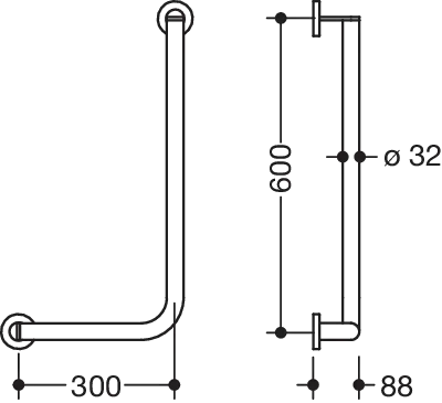 Winkelgriff des Systems 900, Edelstahl, PVD, waagerechte Länge 300 mm, senkrechte Länge 600 mm, D: 32 mm, Ausführung links, in Farbe CK (messing glänzend) Winkelgriff des Systems 900, Edelstahl, PVD, waagerechte Länge 300 mm, senkrechte Länge 600 mm, D: 32 mm, Ausführung links, in Farbe CK (messing glänzend)