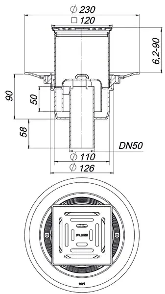 Bodenablauf 40 SE 12, DN 50, 120 x 120 mm