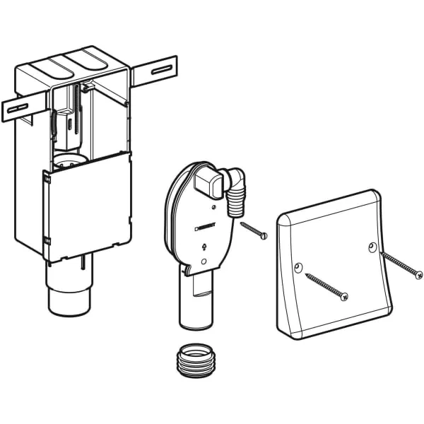 Set UP-Geruchsverschluss für Geräte, mit einem Anschluss, Wandeinbaukasten und Abdeckplatte: d=50-56mm Set UP-Geruchsverschluss für Geräte, mit einem Anschluss, Wandeinbaukasten und Abdeckplatte: d=50-56mm