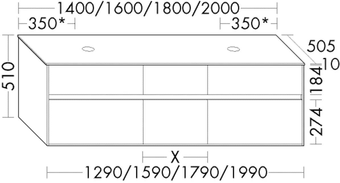 Waschtischunterschrank rc40Solitaire von burgbad - 1.400 mm breit, 510 mm hoch, 505 mm tief, 2 Beckenausschnitte, 3 Auszüge unten