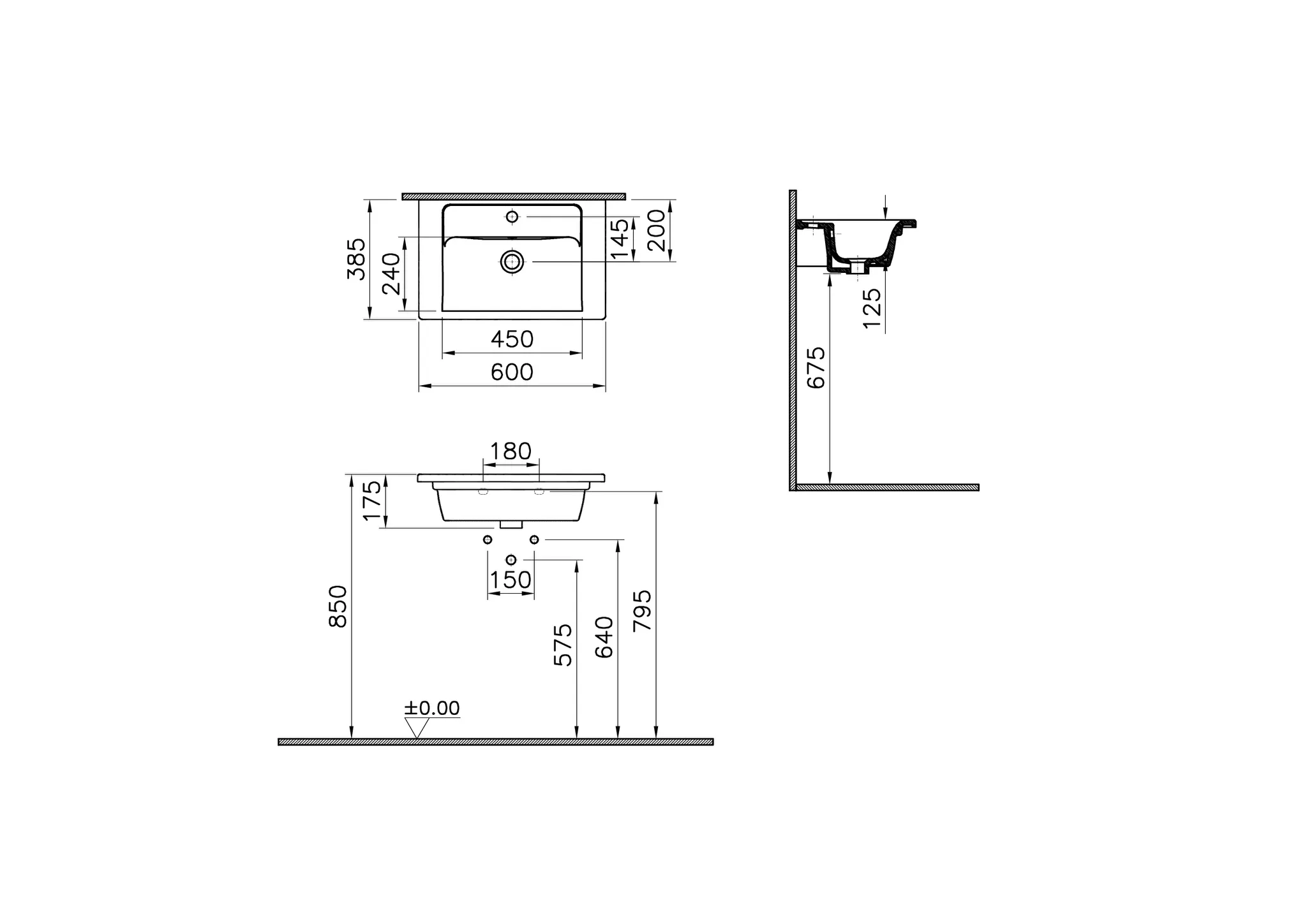 VitrA Integra Möbelwaschtisch Compact 60 x 39 cm (B x T) mit Hahnloch und Überlaufloch Weiß Hochglanz