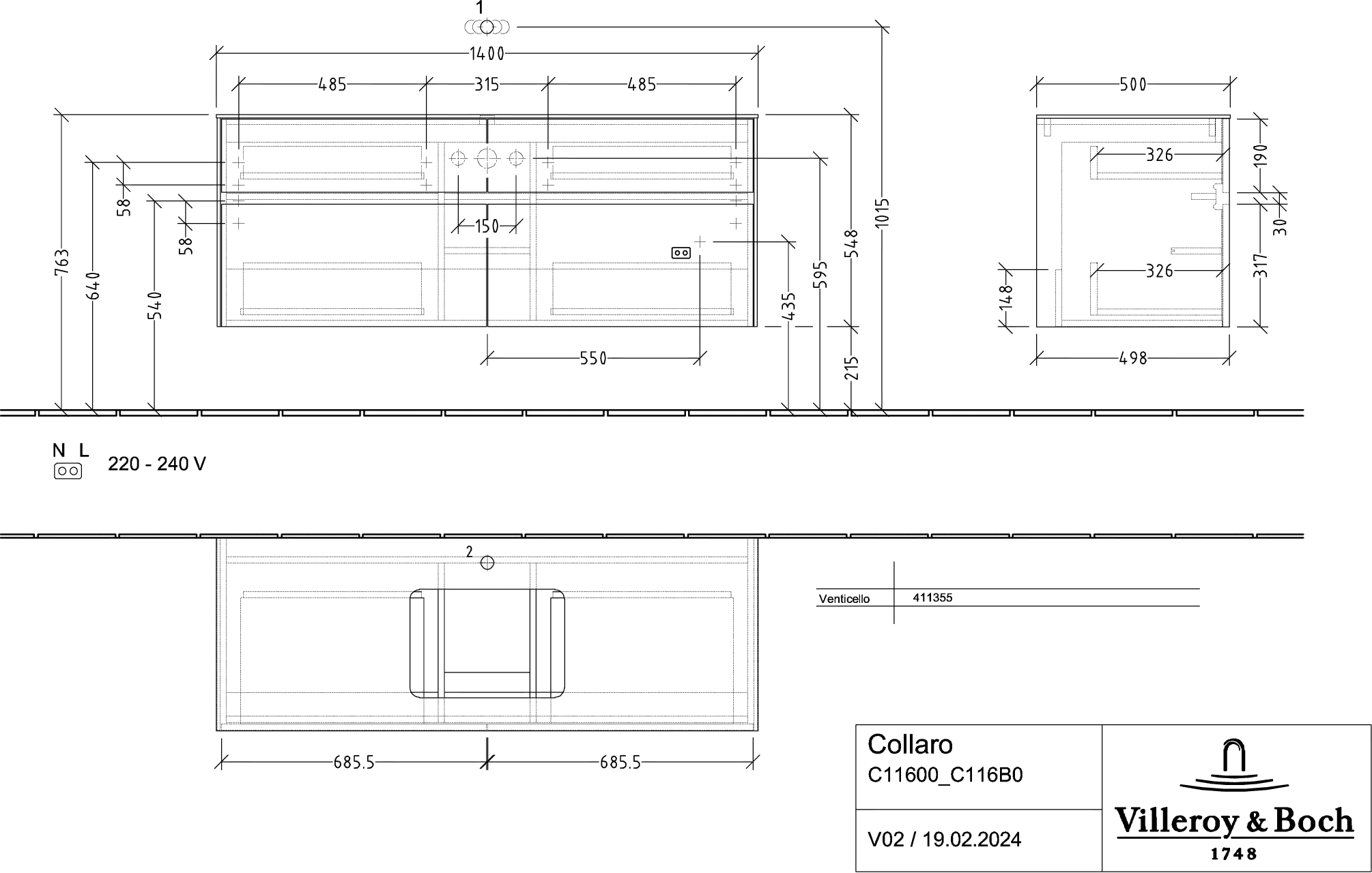 Villeroy & Boch Waschtischunterschrank „Collaro“ 1400 × 548 × 500 mm Marine Blue, ohne Beleuchtung, für Becken mittig Villeroy & Boch Waschtischunterschrank „Collaro“ 1400 × 548 × 500 mm Marine Blue, ohne Beleuchtung, für Becken mittig