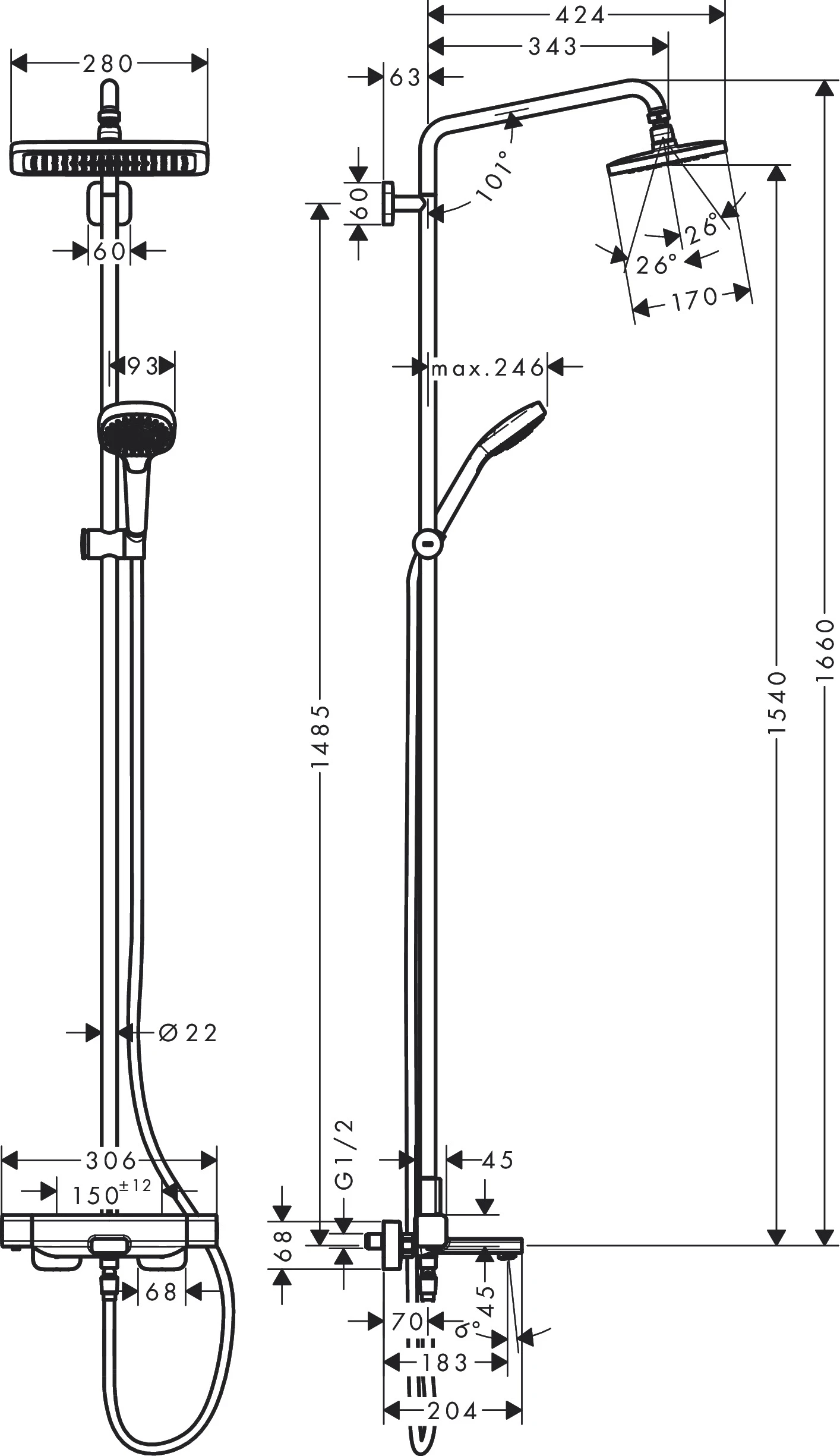 Showerpipe Croma E 280 1jet chrom mit Wannenthermostat