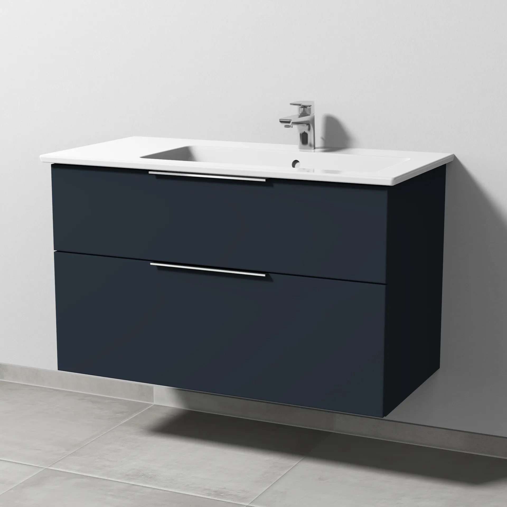 Keramik-Waschtisch-Set mit Waschtischunterschrank „3way“ 95,5 × 47,7 × 59,1 cm in Marine (matt), mit Hahnlochbohrung, Becken rechts