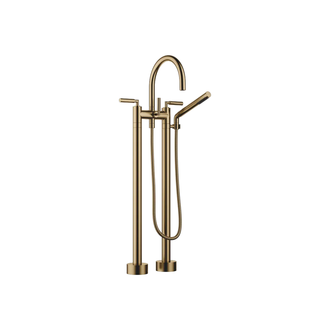Dornbracht TARA Wannen-Zweilochbatterie freistehend, Dark Brass gebürstet, Ausladung 220 mm, Höhe 920 mm, Durchfluss max. 22 l/min Dornbracht TARA Wannen-Zweilochbatterie freistehend, Dark Brass gebürstet, Ausladung 220 mm, Höhe 920 mm, Durchfluss max. 22 l/min