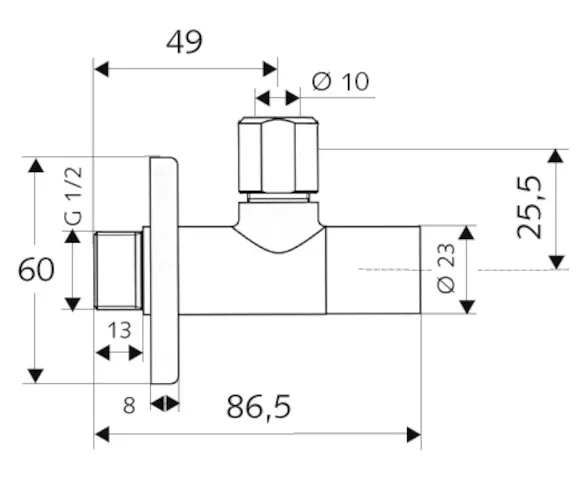 Design-Eckventil mit Regulierfunktion STILE, Schubrosette Ø 60 mm, DN 15 G 1/2 AG, Ø 10 mm (DN 10 G 3/8 AG), chrom