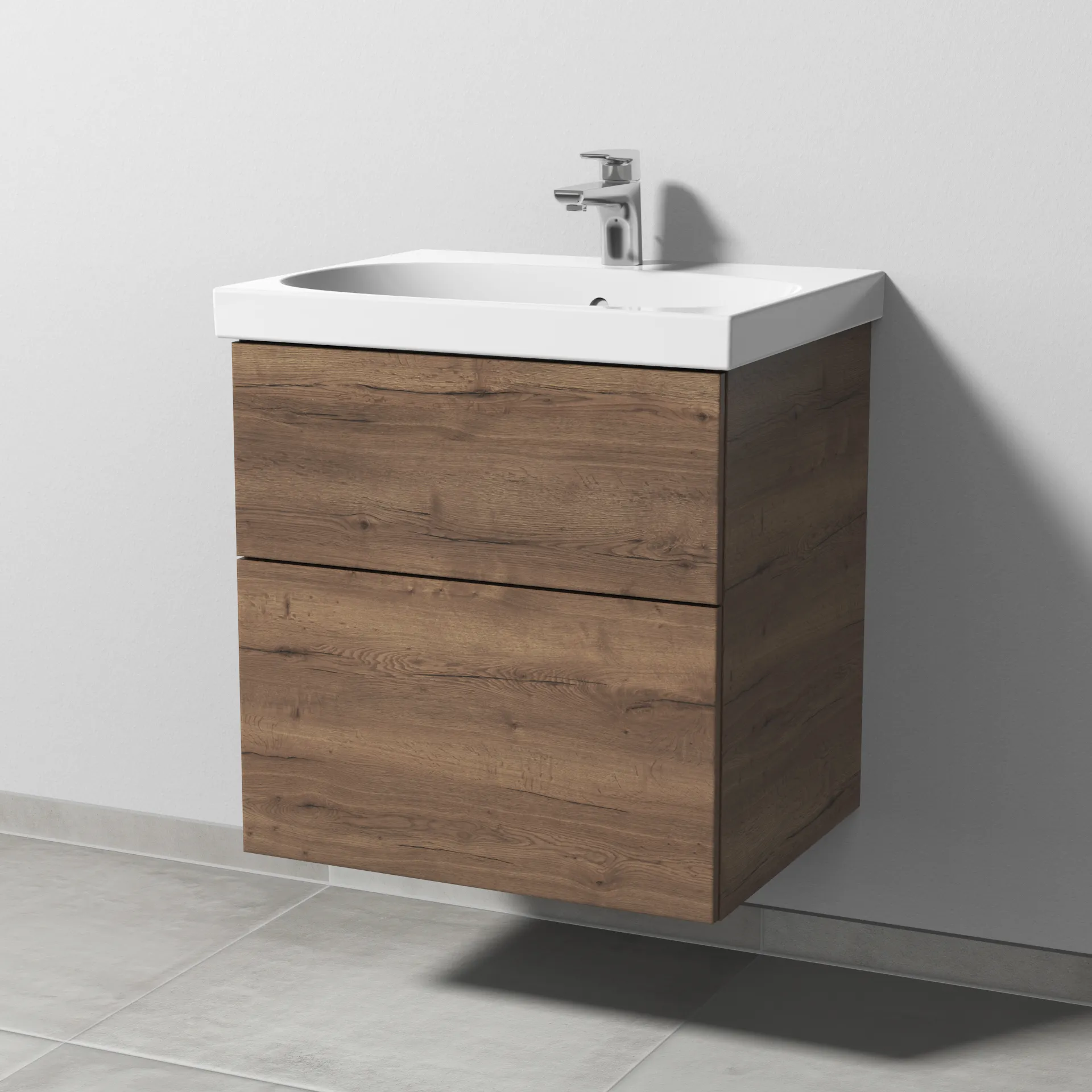 Sanipa Waschtischunterschrank „3way“ passend zu Keramik-Waschtische Acanto von Geberit 570 × 586 × 467 mm in Eiche Tabak, mit Hahnlochbohrung, Becken