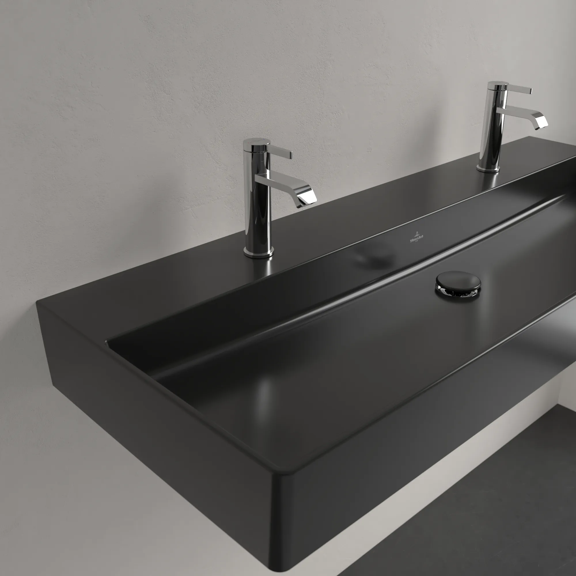 Villeroy & Boch Wandwaschtisch aus TitanCeram geschliffen „Memento 2.0“ 1200 × 470 × 150 mm, Hahnlochposition links und rechts, mit Hahnlochbohrung in Pure Black Villeroy & Boch Wandwaschtisch aus TitanCeram geschliffen „Memento 2.0“ 1200 × 470 × 150 mm, Hahnlochposition links und rechts, mit Hahnlochbohrung in Pure Black