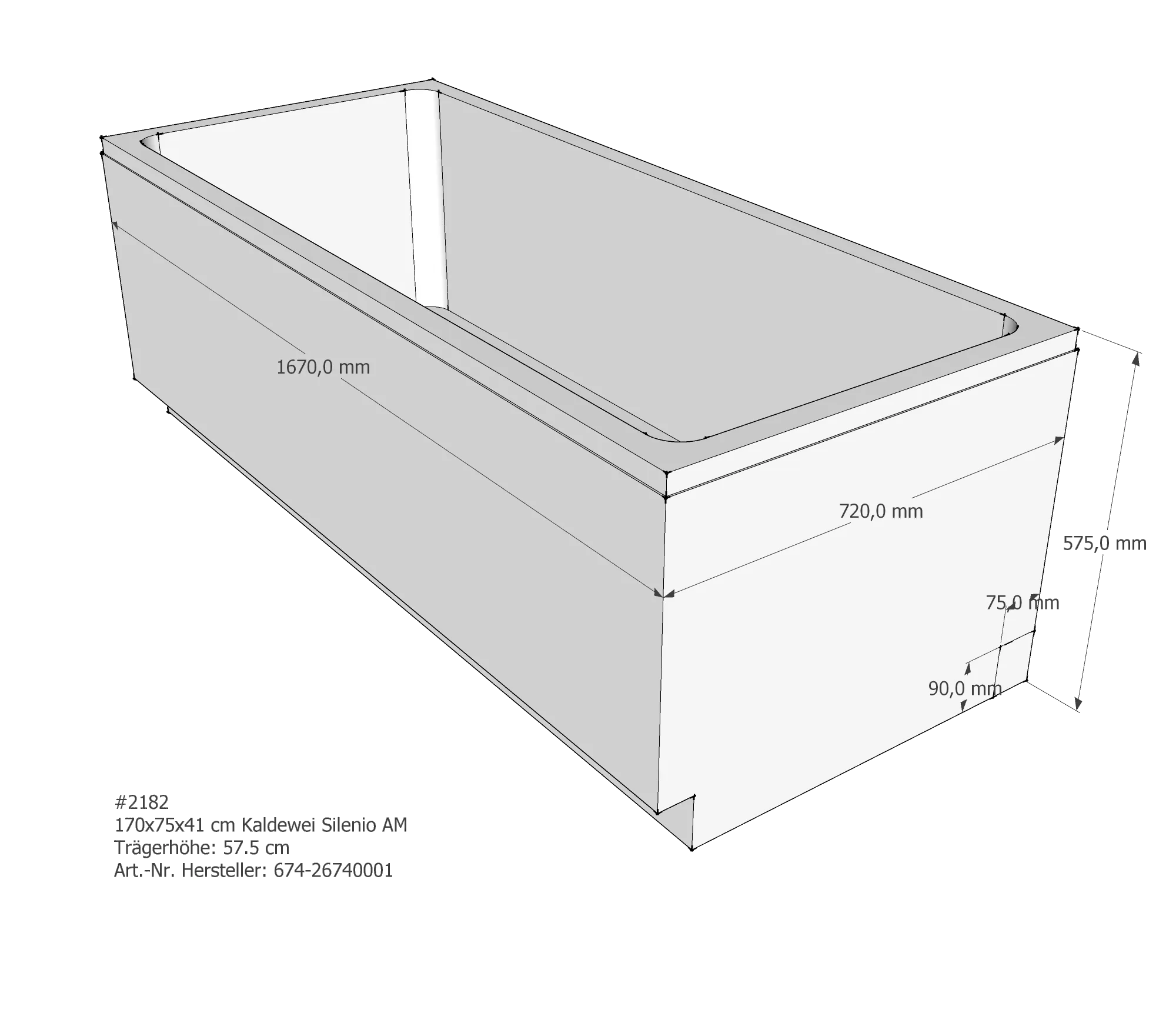 Badewannenträger für Kaldewei Silenio 170 × 75 × 41 cm Breite: 75 cm / Höhe: 41 cm / Länge: 170 cm