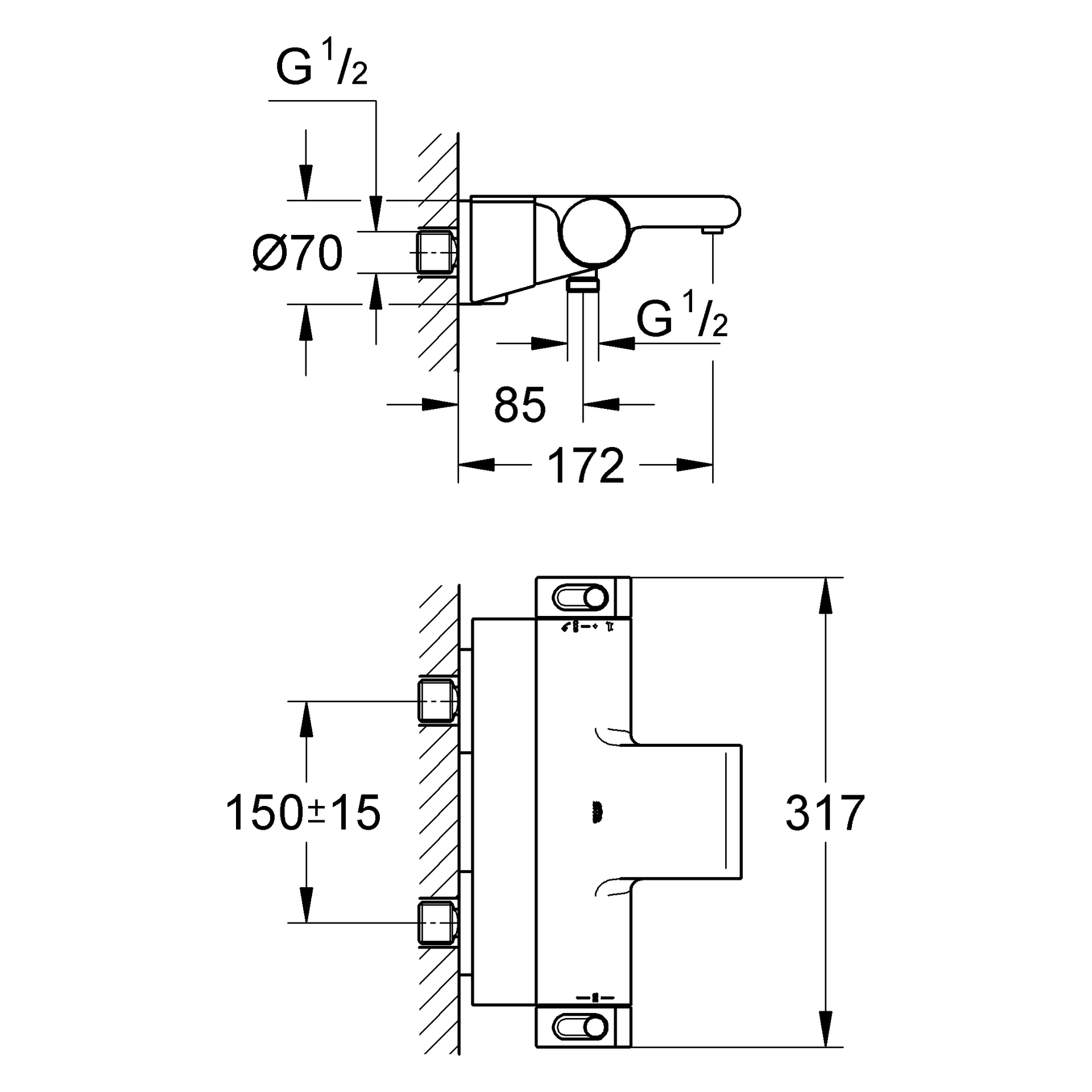 Thermostat-Wannenbatterie Grohtherm 2000 34464_1, Wandmontage, mit Duschablage, eigensicher, chrom