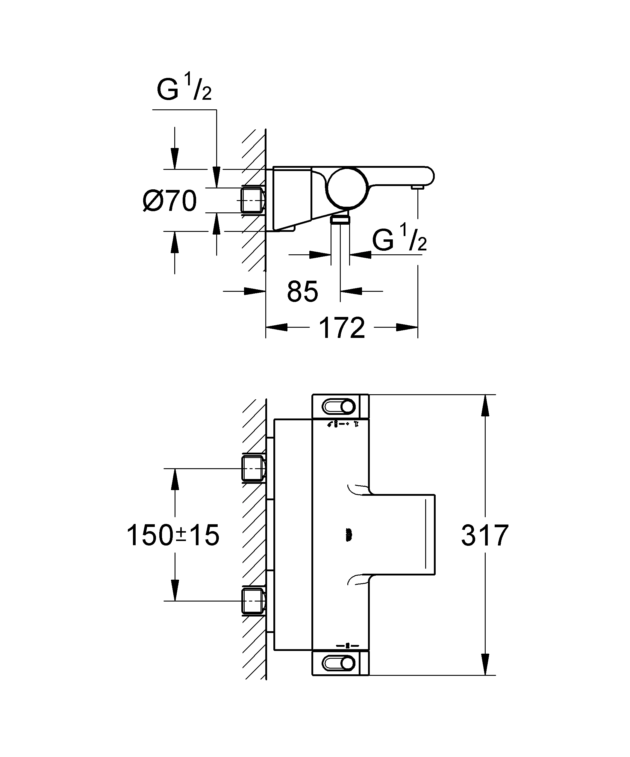 Thermostat-Wannenbatterie Grohtherm 2000 34464_1, Wandmontage, mit Duschablage, eigensicher, chrom