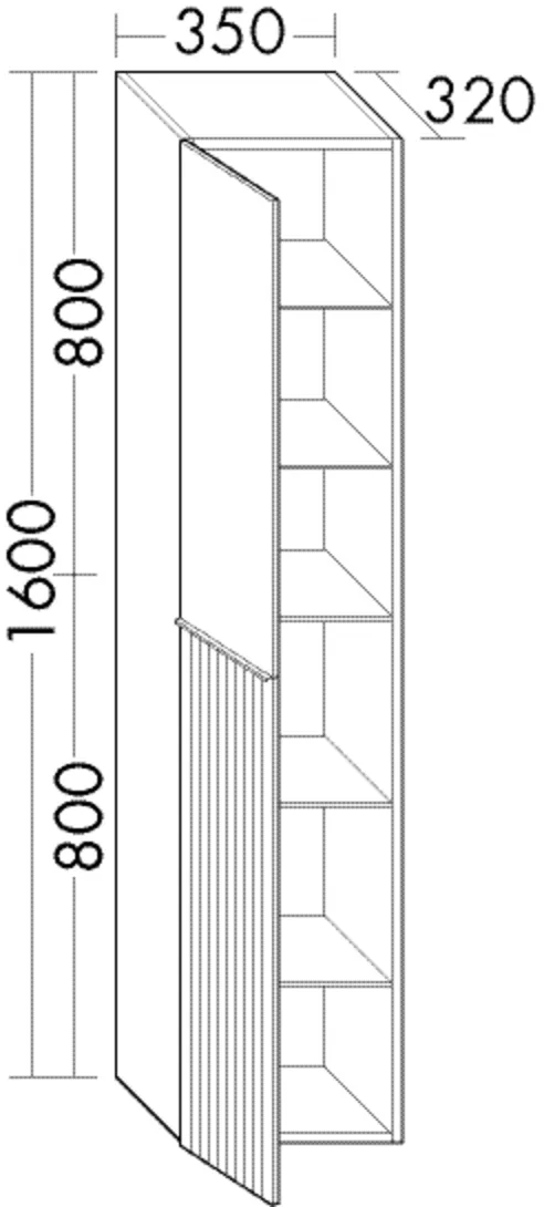 Hochschrank, 1 Tür oben inkl. Tip-On-Technik;1 Tür unten mit vertikaler Struktur;4 Glaseinlegeböden;1 fester Boden, Tiefe: 320 mm, Breite: 350 mm, Höhe: 1600 mm
