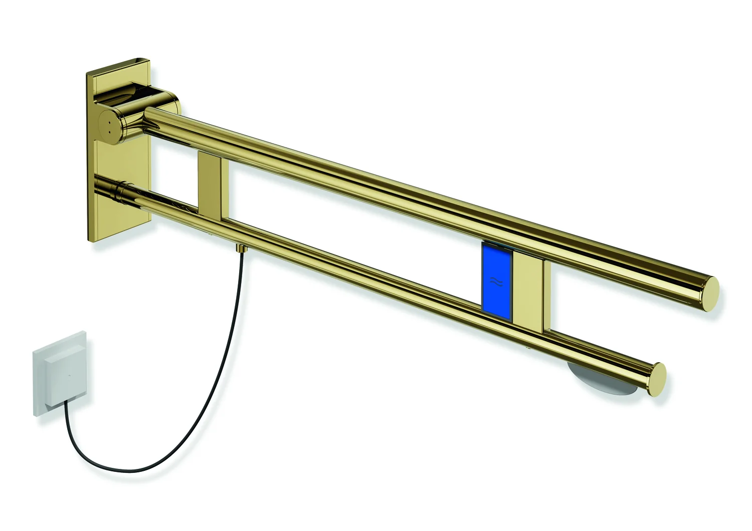 HEWI Stützklappgriff Duo System 900, Design A, Edelstahl PVD gold glänzend, Ausladung 850 mm, mit WC-Papierhalter und Spülauslösung E-Ausführung links HEWI Stützklappgriff Duo System 900, Design A, Edelstahl PVD gold glänzend, Ausladung 850 mm, mit WC-Papierhalter und Spülauslösung E-Ausführung links