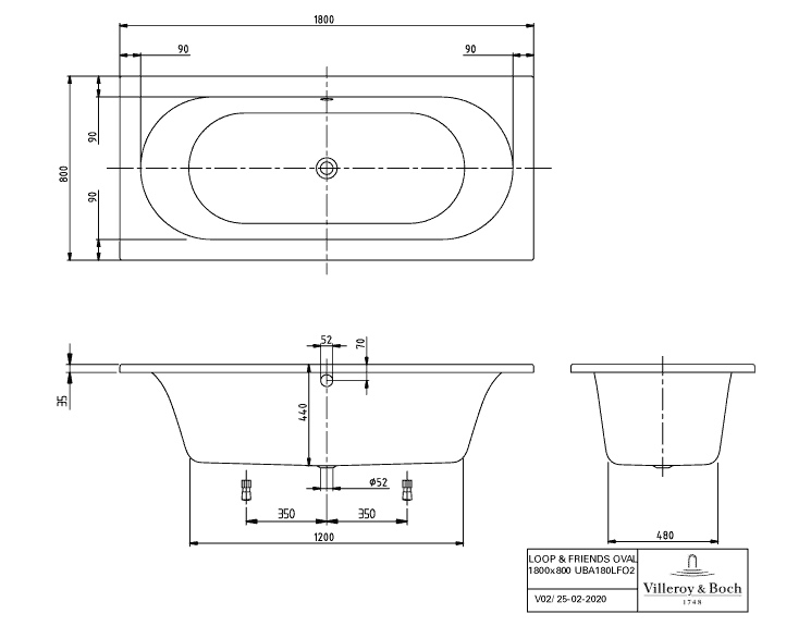 Villeroy & Boch Badewanne „Loop & Friends“ mit ovaler Innenform oval 180 × 80 cm, rechteckig, Mittelablauf 