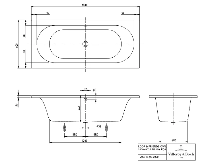 Villeroy & Boch Badewanne „Loop & Friends“ mit ovaler Innenform rechteck 180 × 80 cm, Mittelablauf