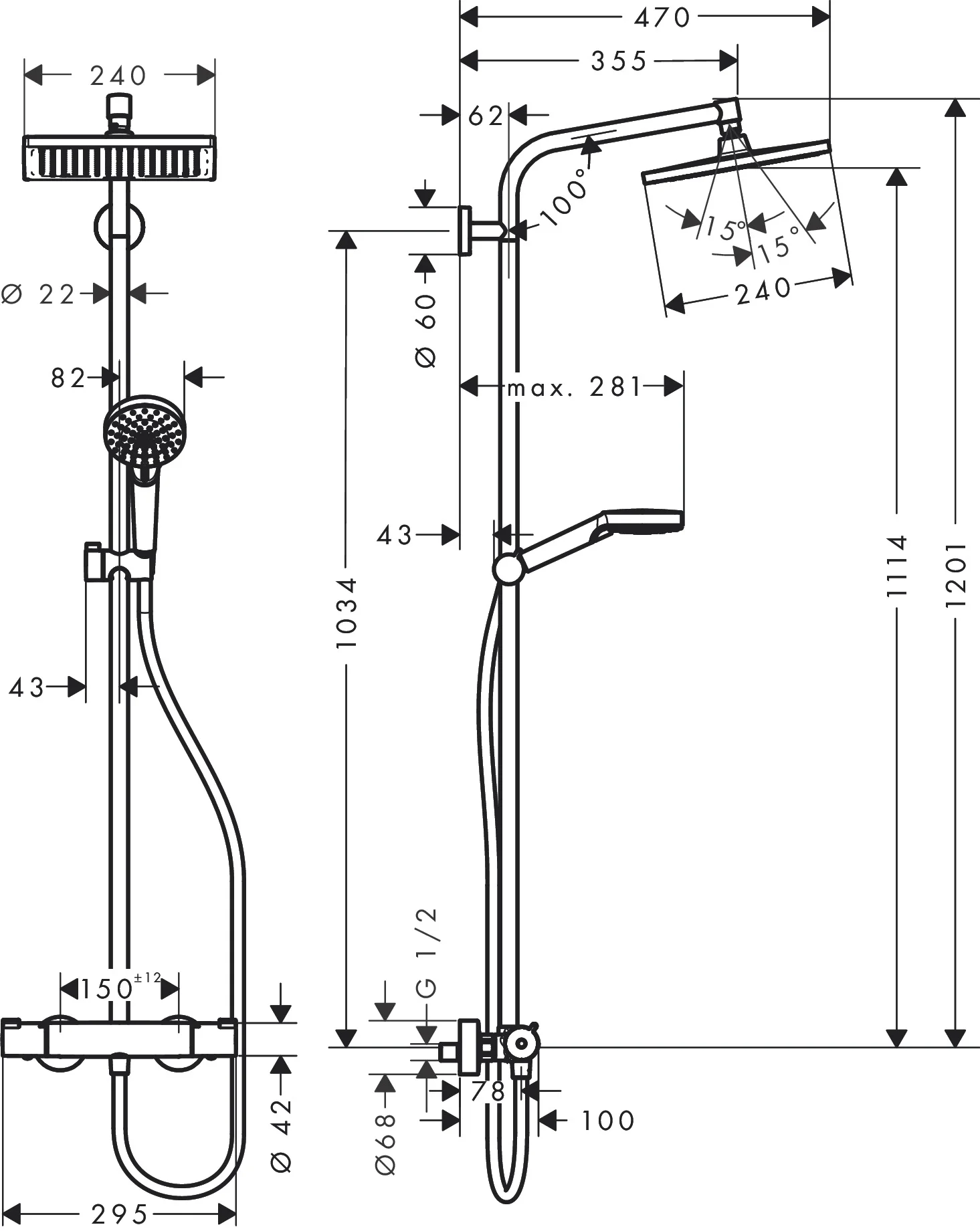 Hansgrohe Crometta E Showerpipe 240 chrom - 1-Jet mit Thermostat, Aufputzinstallation, DN15, 350 mm Brausearmlänge