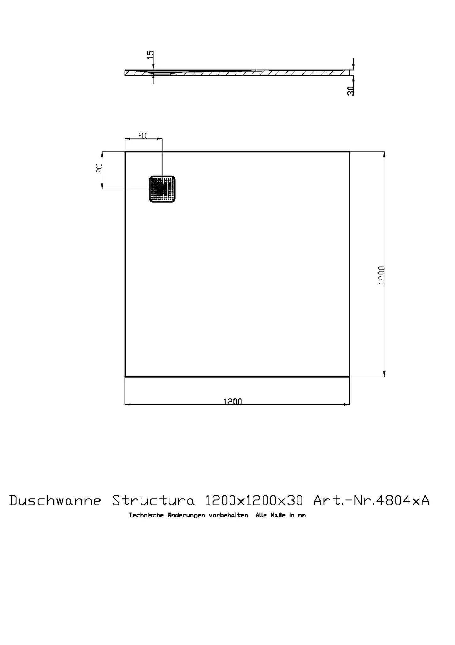 Duschwanne Structura 1200x1200x30 in gesoftete Schieferoptik, mit Antirutsch B, Material Solique, Weiß
