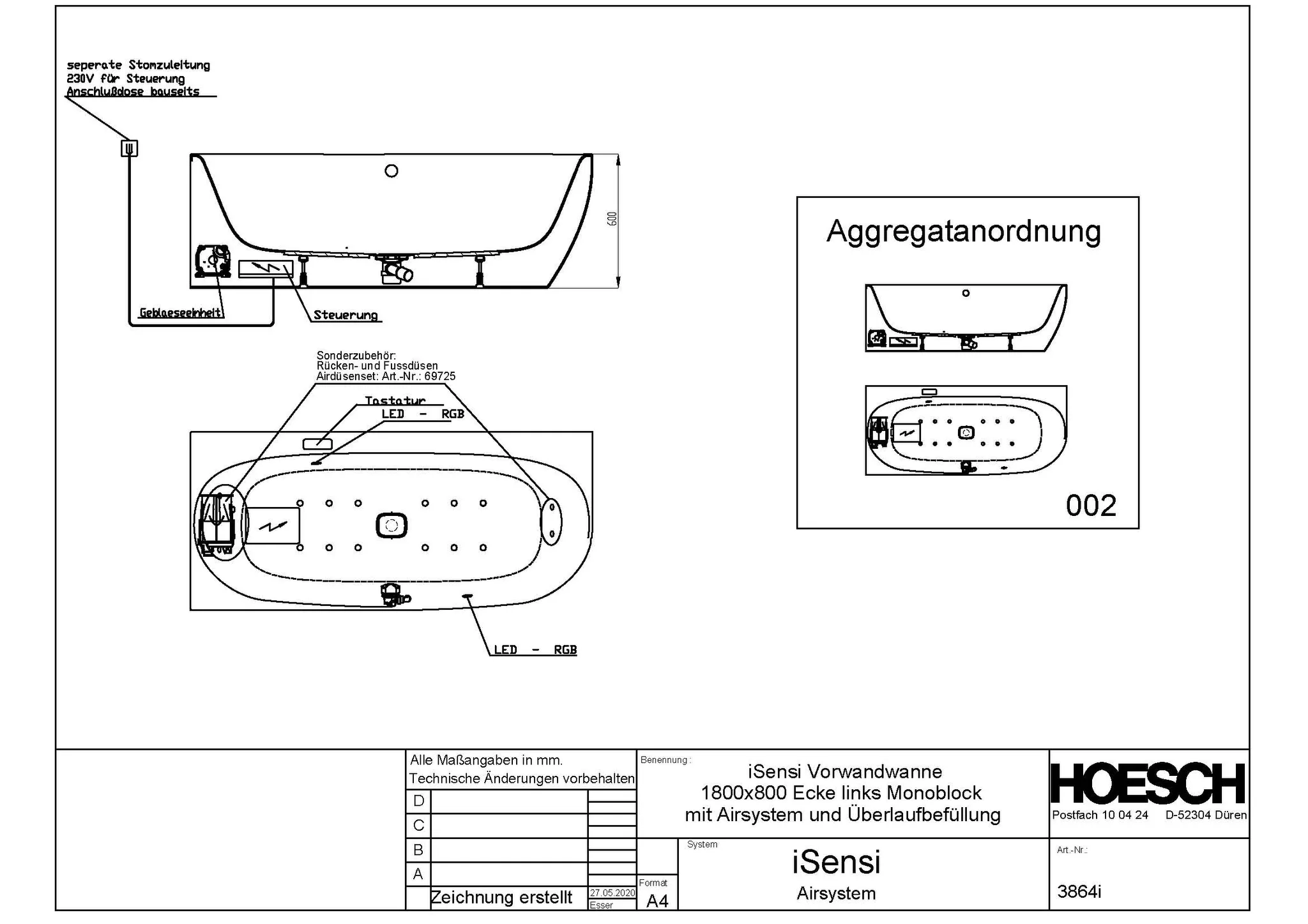 Hoesch Whirlwanne „iSensi“ Monolith mit Airsystem „iSensi“ vorwand eck, asymmetrisch 180 × 80 cm, links in Weiß-Grau