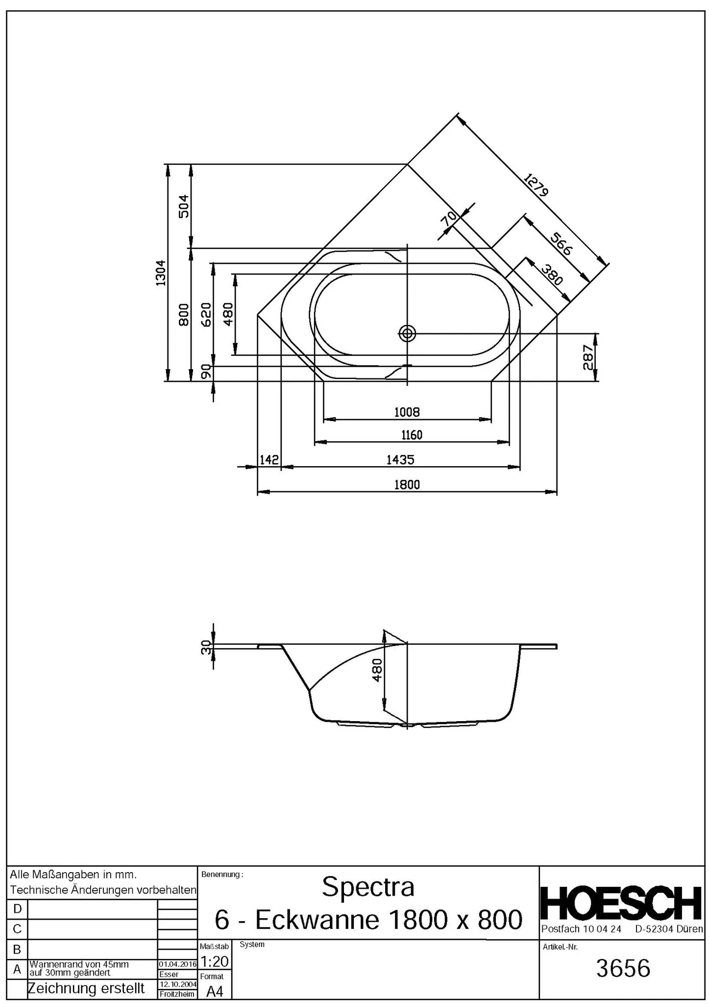 Hoesch Badewanne „Spectra“ sechseck 180 × 80 cm in Weiß
