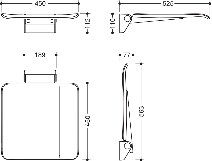 Klappsitz des Systems 900, Wandkonsole aus Edelstahl, PVD, Sitzfläche aus strukturiertem Kunststoff, weiß, Sitzfläche 450 mm breit, 450 mm tief, in Farbe CK (messing glänzend)