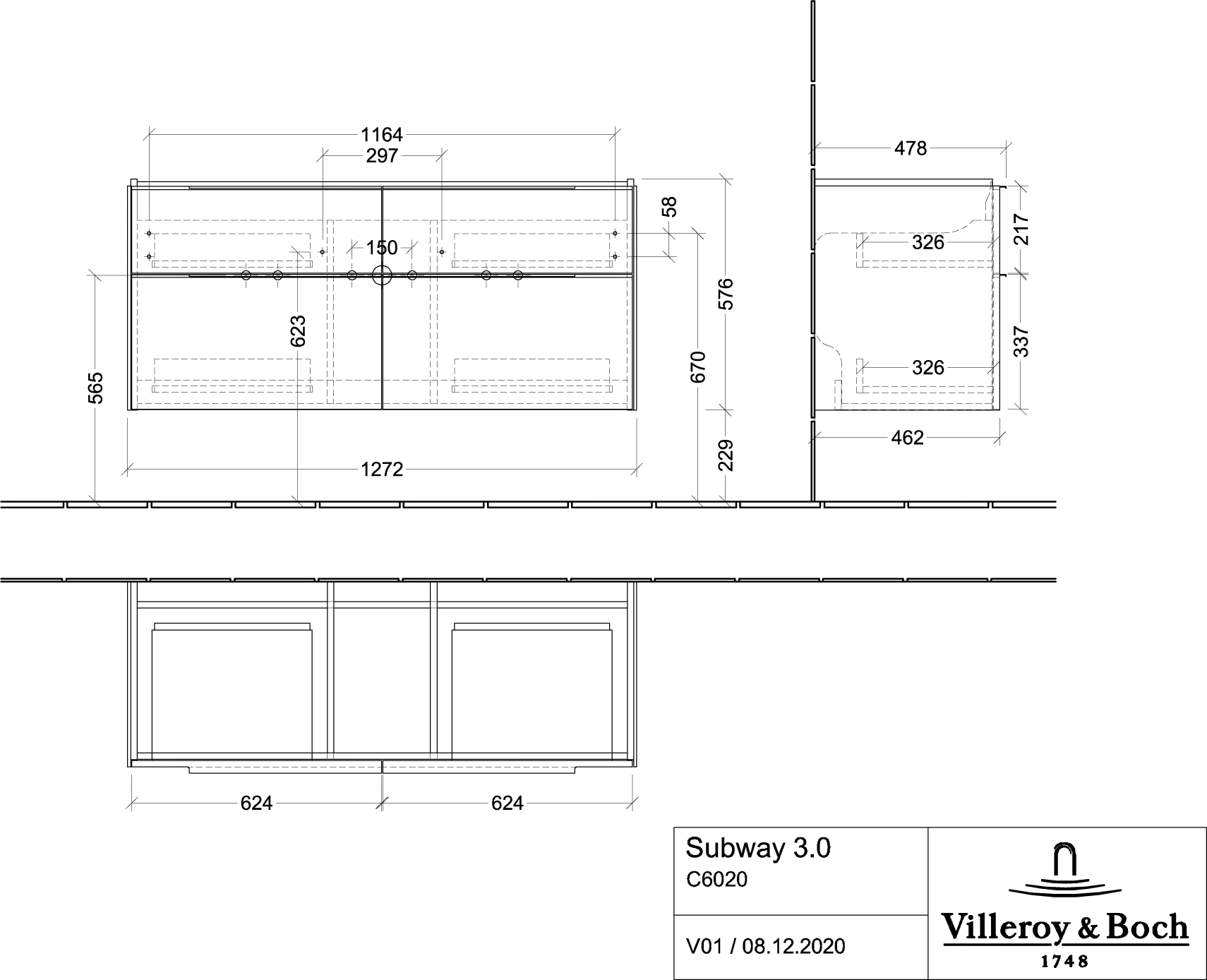 Villeroy & Boch Waschtischunterschrank „Subway 3.0“ für Schrankwaschtisch 1272 × 576 × 478 mm Brilliant White, für Becken mittig