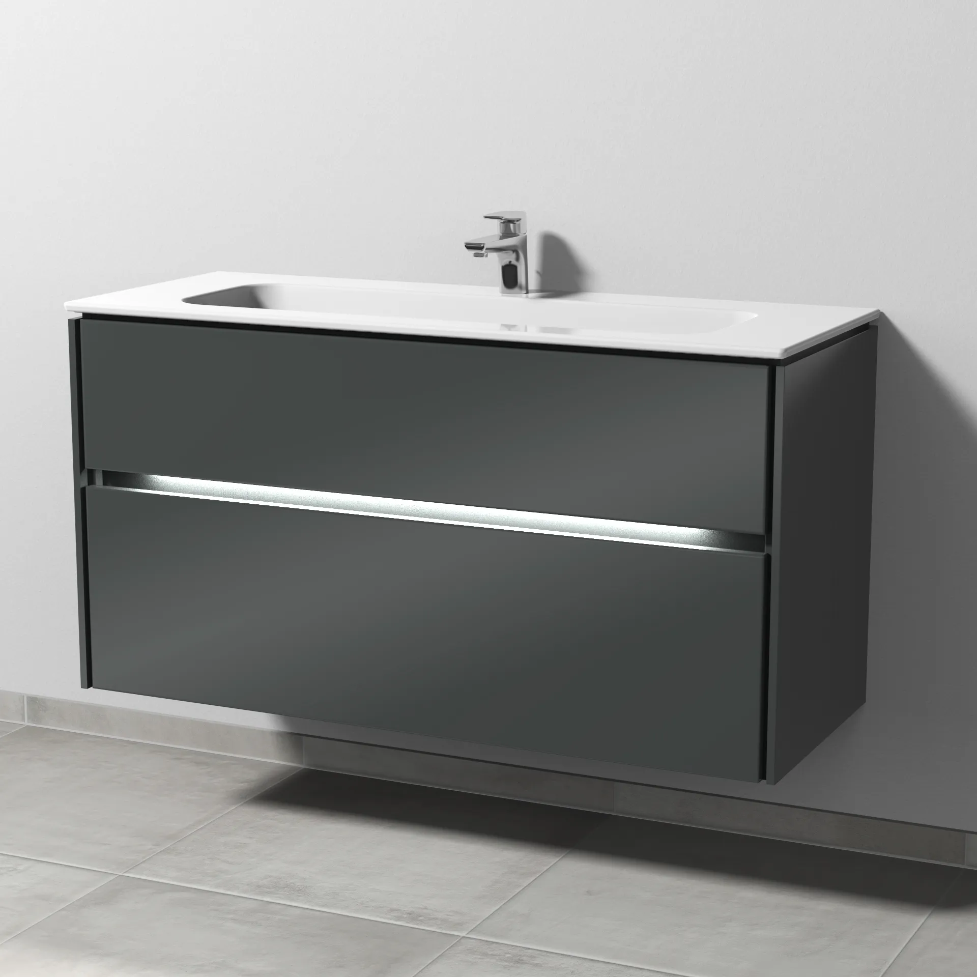 Keramik-Waschtisch-Set mit Waschtischunterschrank „Twiga“ 119 × 46 × 61 cm in Anthrazit (glanz), mit Hahnlochbohrung, mit Beleuchtung Keramik-Waschtisch-Set mit Waschtischunterschrank „Twiga“ 119 × 46 × 61 cm in Anthrazit (glanz), mit Hahnlochbohrung, mit Beleuchtung