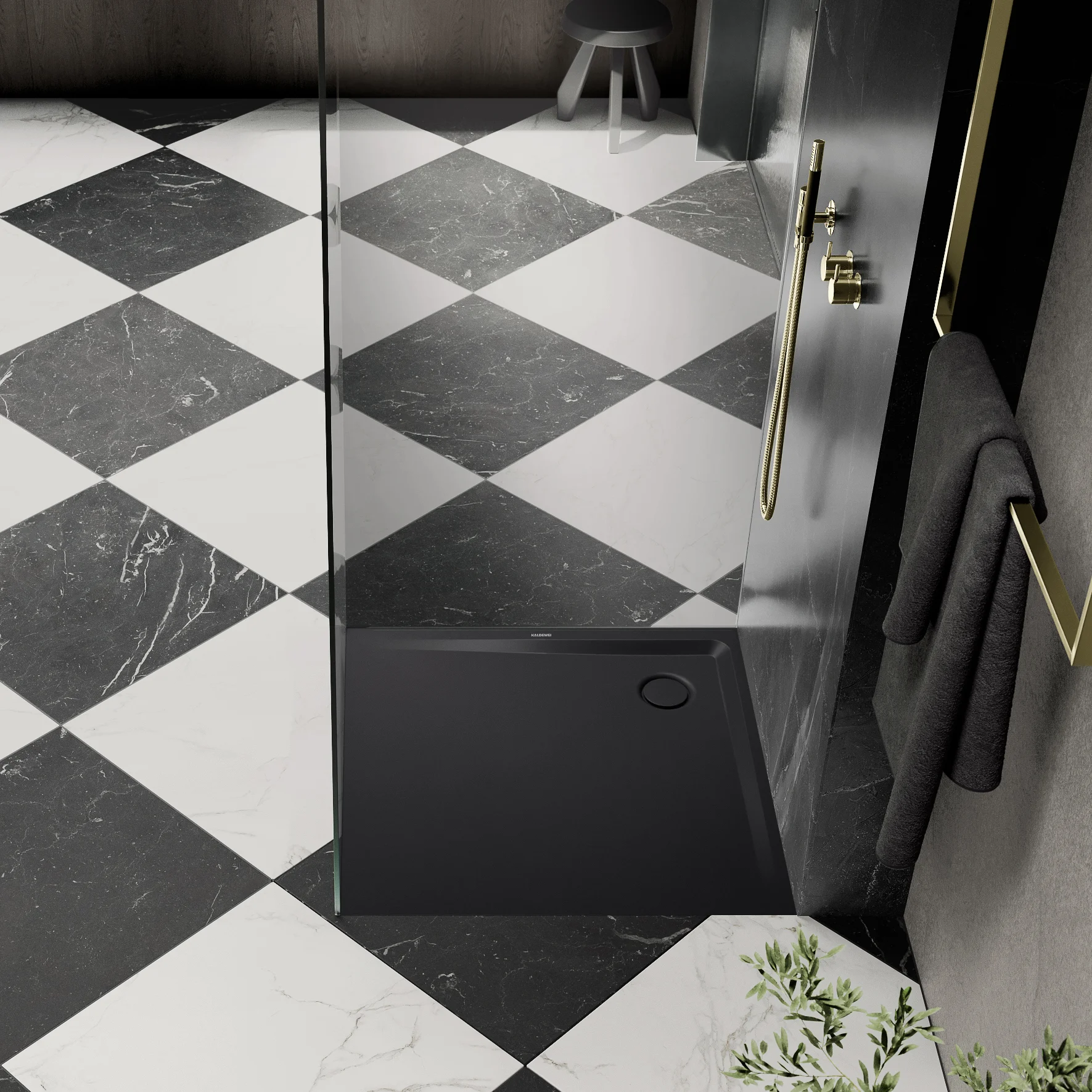 Kaldewei SUPERPLAN Duschfläche mit Wannenträger, 1200x1200x25 mm, schwarz Perl-Effekt, Eckablauf, bodengleich, MADE IN GERMANY