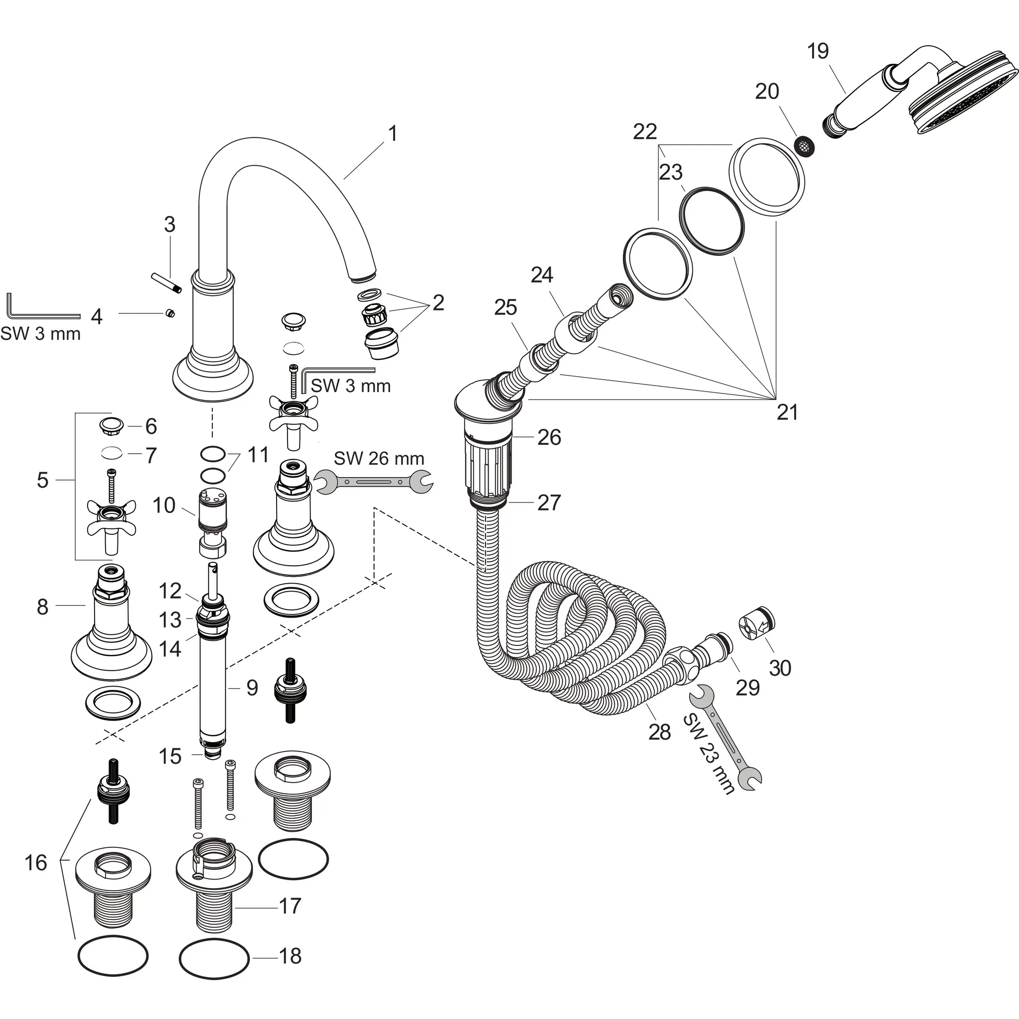 Hansgrohe AXOR Montreux Mischer, 4-Loch Fliesenrandarmatur mit Kreuzgriffen, Chrom Hansgrohe AXOR Montreux Mischer, 4-Loch Fliesenrandarmatur mit Kreuzgriffen, Chrom