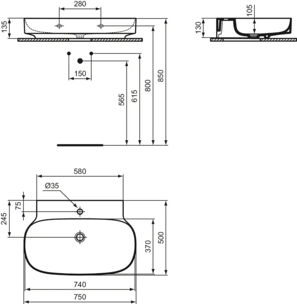 Ideal Standard Waschtisch Linda-X, 1 Hahnloch, weiß, 750x500x135 mm, geschliffen