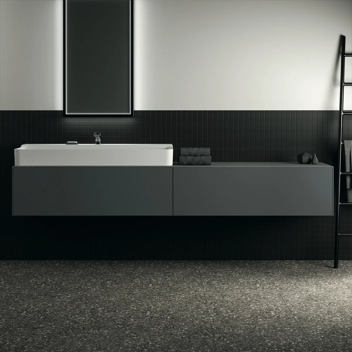 Waschtischplatte Conca, aus Keramik, 2387x505x6mm, Marmor Noir Desir