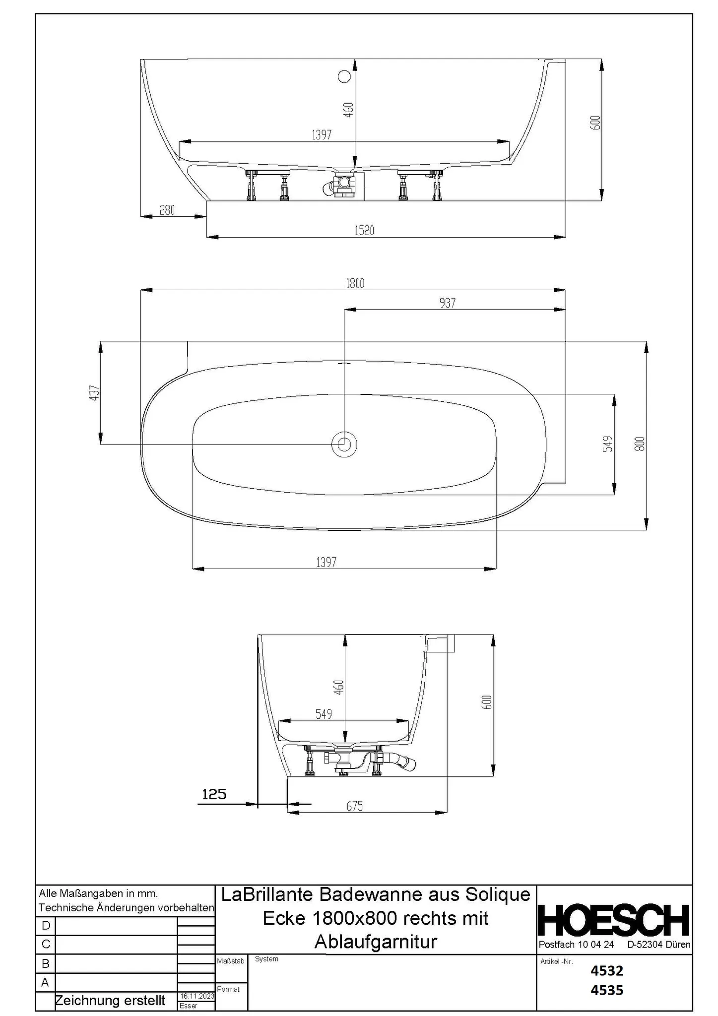 Hoesch Badewanne „LaBrillante“ vorwand rechteck 180 × 80 cm, rechts in Weiß