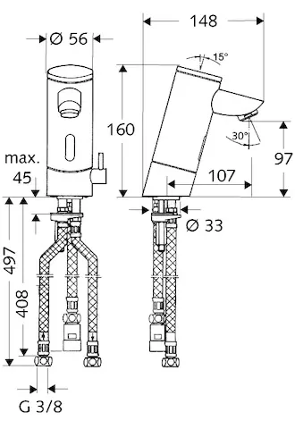 Waschtisch-Armatur PURIS E, Elektronisch, ND-M - Niederdruck Mischwasser, Infrarot, Batteriefach, 3x G 3/8 IG, chrom Waschtisch-Armatur PURIS E, Elektronisch, ND-M - Niederdruck Mischwasser, Infrarot, Batteriefach, 3x G 3/8 IG, chrom