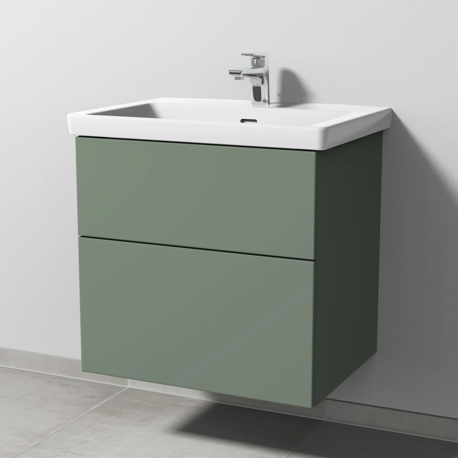 Sanipa Waschtischunterschrank „3way“ 605 × 588 × 462 mm in Soft-Green, mit Hahnlochbohrung, Becken mittig