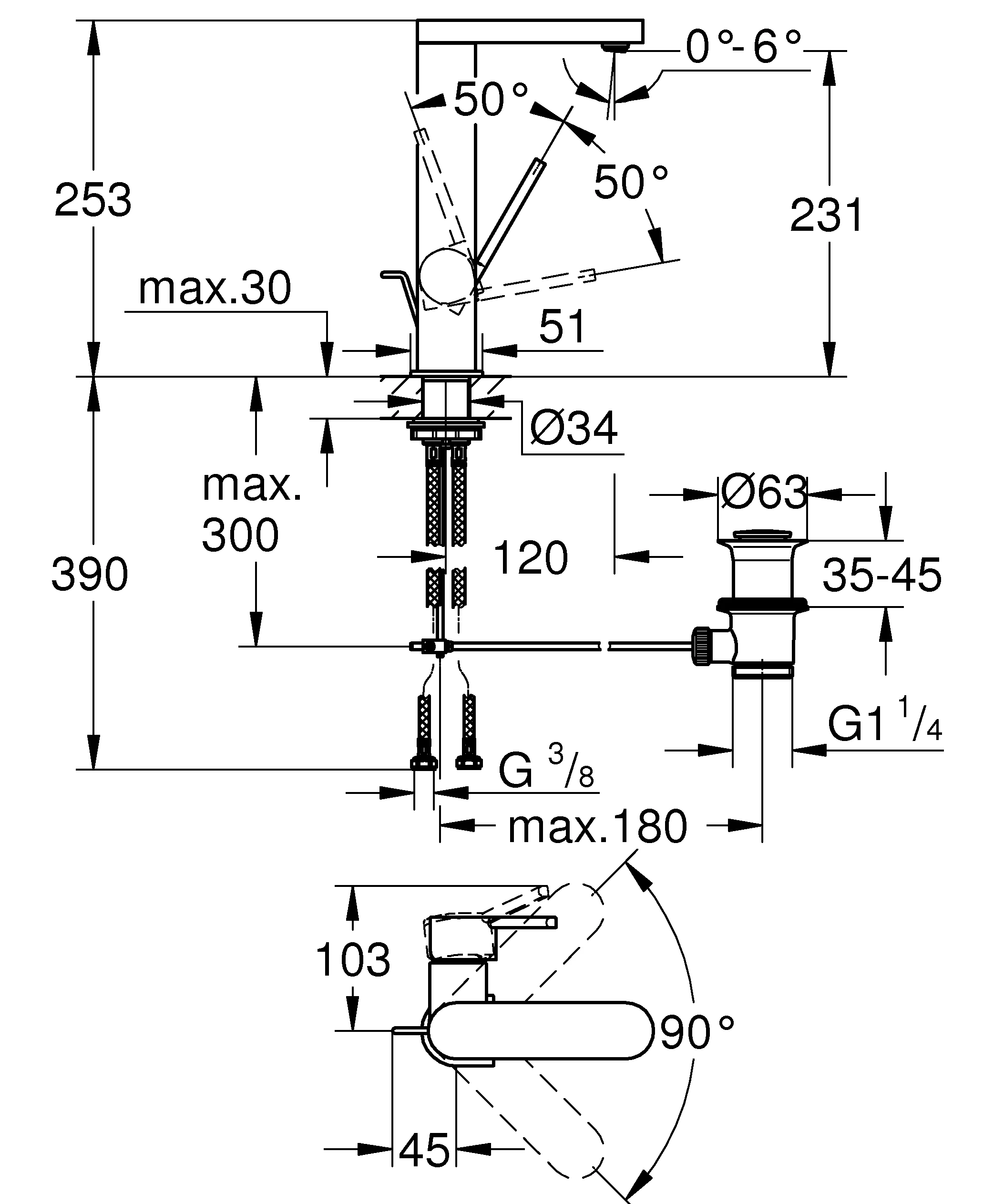 Einhand-Waschtischbatterie Plus 23851_3, L-Size, Einlochmontage, Zugstangen-Ablaufgarnitur 1 1/4″', chrom