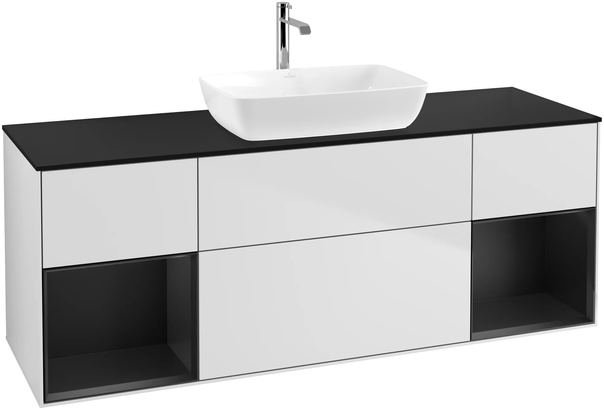 Villeroy & Boch Waschbeckenunterschrank Finion F86, 1600x603x501mm, mit Beleuchtung, 4 Auszüge, White Matt Lacquer / Black Matt Lacquer / Glass Black