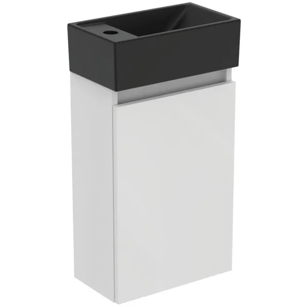 Ideal Standard Eurovit+ Handwaschbecken links 37cm Schwarz und Unterschrank 36cm mit Tür Hochglanz weiß lackiert Ideal Standard Eurovit+ Handwaschbecken links 37cm Schwarz und Unterschrank 36cm mit Tür Hochglanz weiß lackiert