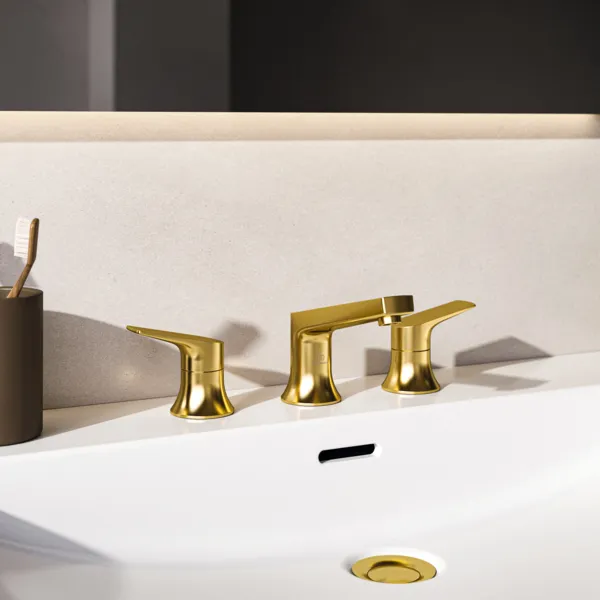 3-Loch-Waschtischarmatur La Dolce Vita mit Ablaufgarnitur Brushed Gold 3-Loch-Waschtischarmatur La Dolce Vita mit Ablaufgarnitur Brushed Gold