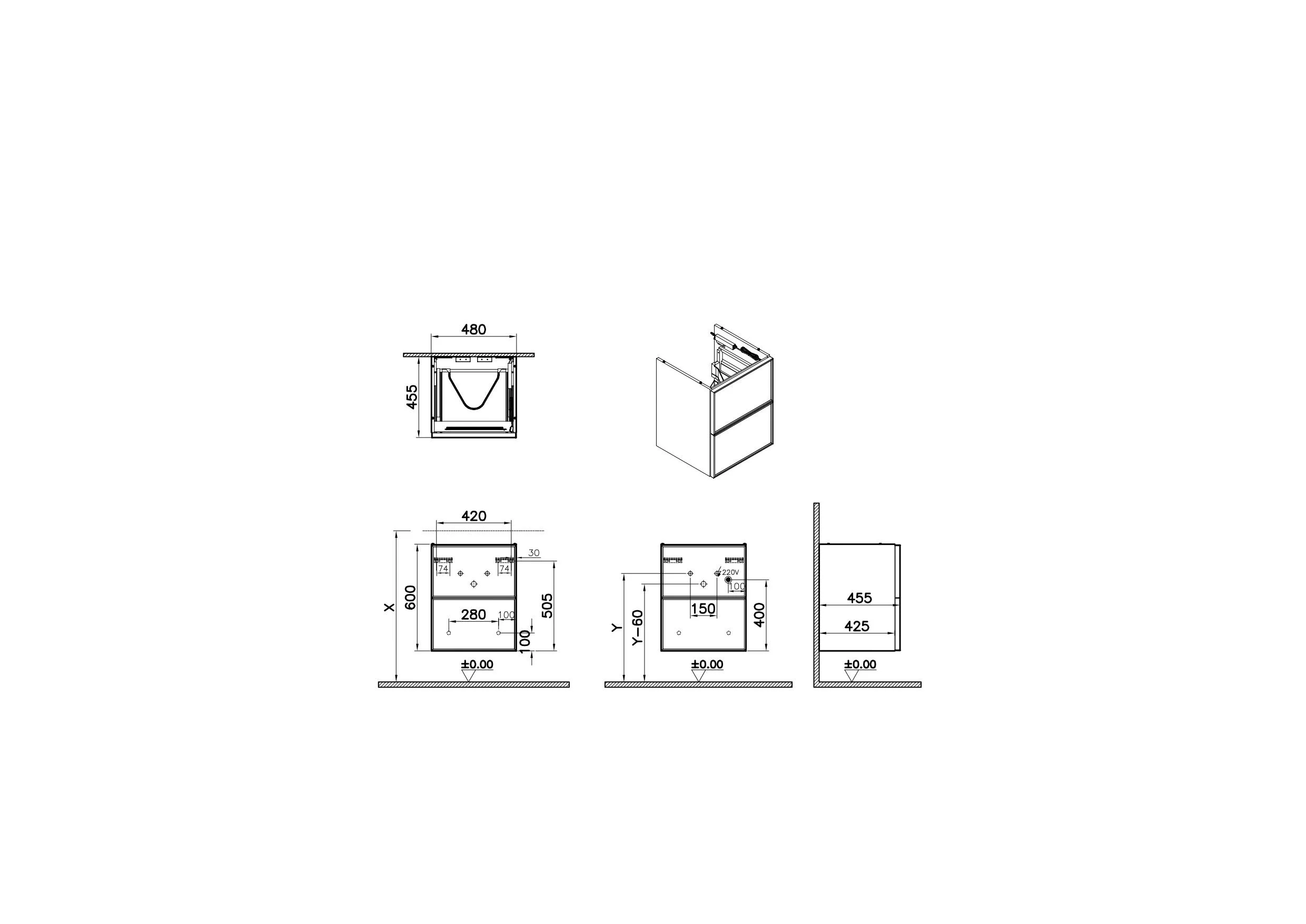 VitrA New Metropole Edge Waschtischunterschrank, 48 x 45,5 x 60 cm, Eiche Hell, 2 Vollauszüge mit Softclose & Push-Open, LED-Innenbeleuchtung, Sensorsteuerung