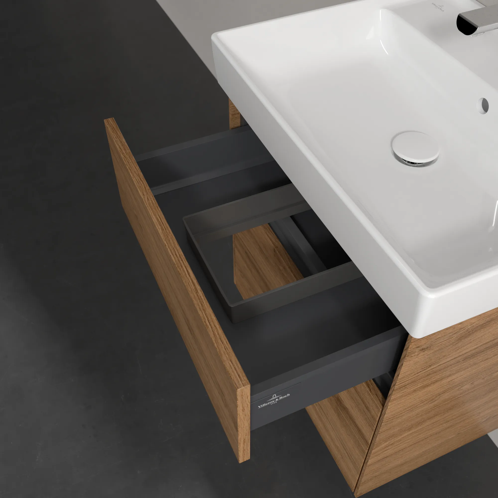 Villeroy & Boch Waschtischunterschrank „Collaro“ 554 × 546 × 444 mm Kansas Oak, für Becken mittig, mit Beleuchtung, Soft Closing